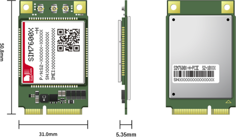 [SIM7600NA-H PCIE] 
The SIM7600-H-PCIE series is the LTE Cat 4 module which supports wireless communication modes of LTE-TDD/LTE-FDD/HSPA+/GSM/GPRS/EDGE etc. It supports maximum 150Mbps downlink rate and 50Mbps uplink rate.